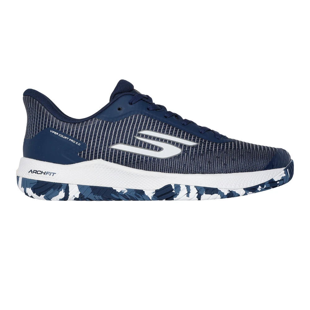 Side view on white background of Mens Skechers Viper Court Pro 2.0 running shoe in Navy, Medium (Regular) width