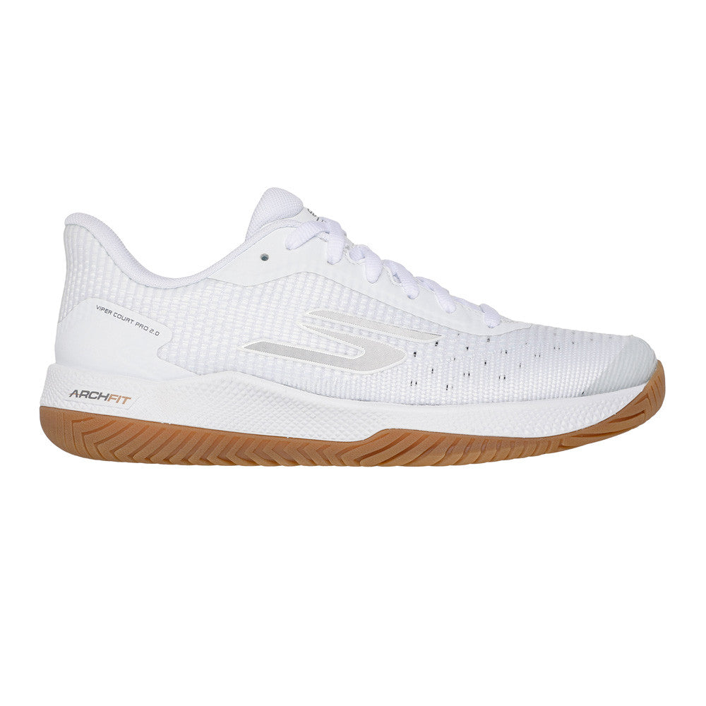 Side view on white background of Womens Skechers Viper Court 2.0 running shoe in White, Medium (Regular) width