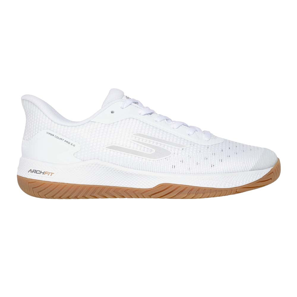 Side view on white background of Mens Skechers Viper Court Pro 2.0 running shoe in White, Medium (Regular) width