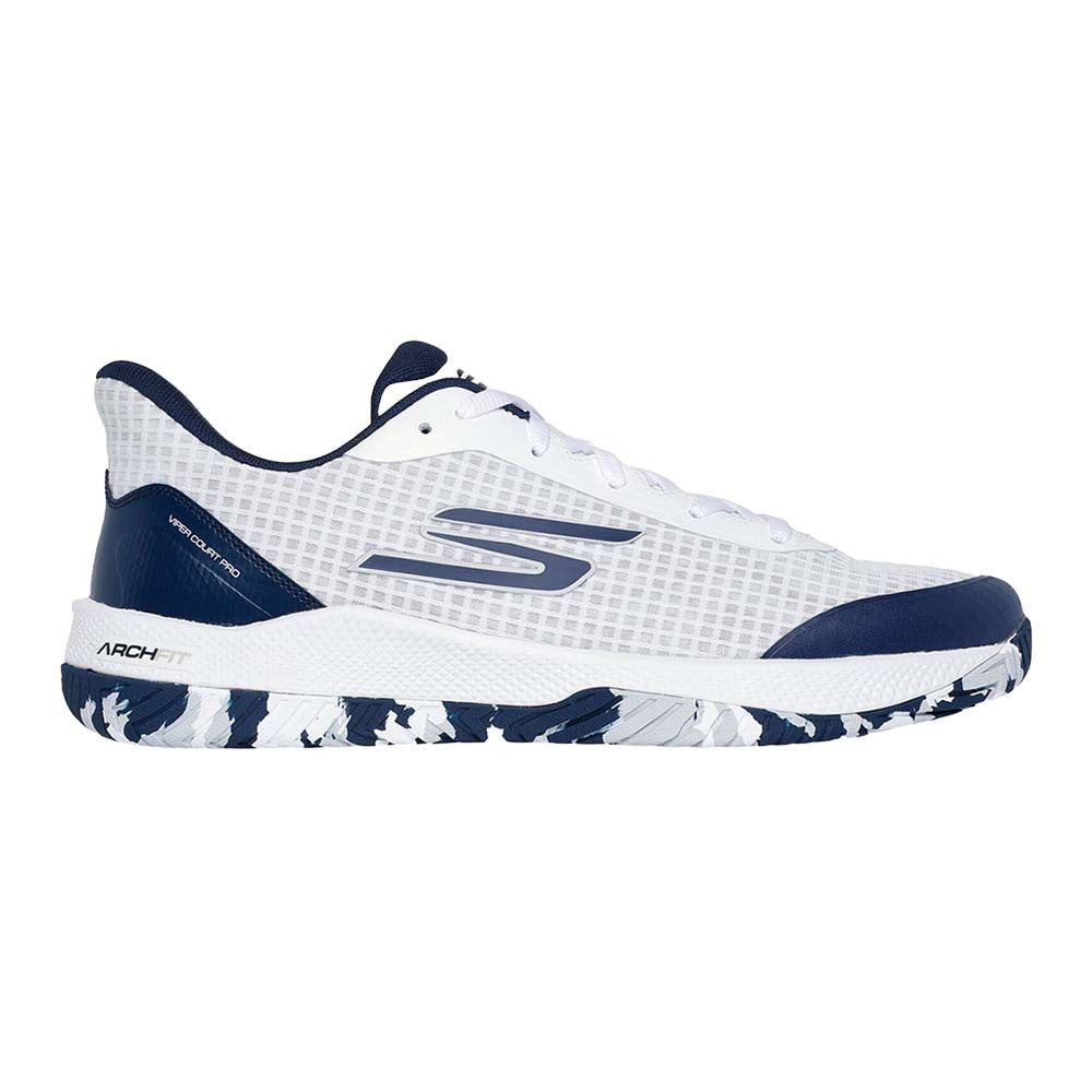 Side view on white background of Mens Skechers Viper Court Pro running shoe in White/Navy, Medium (Regular) width