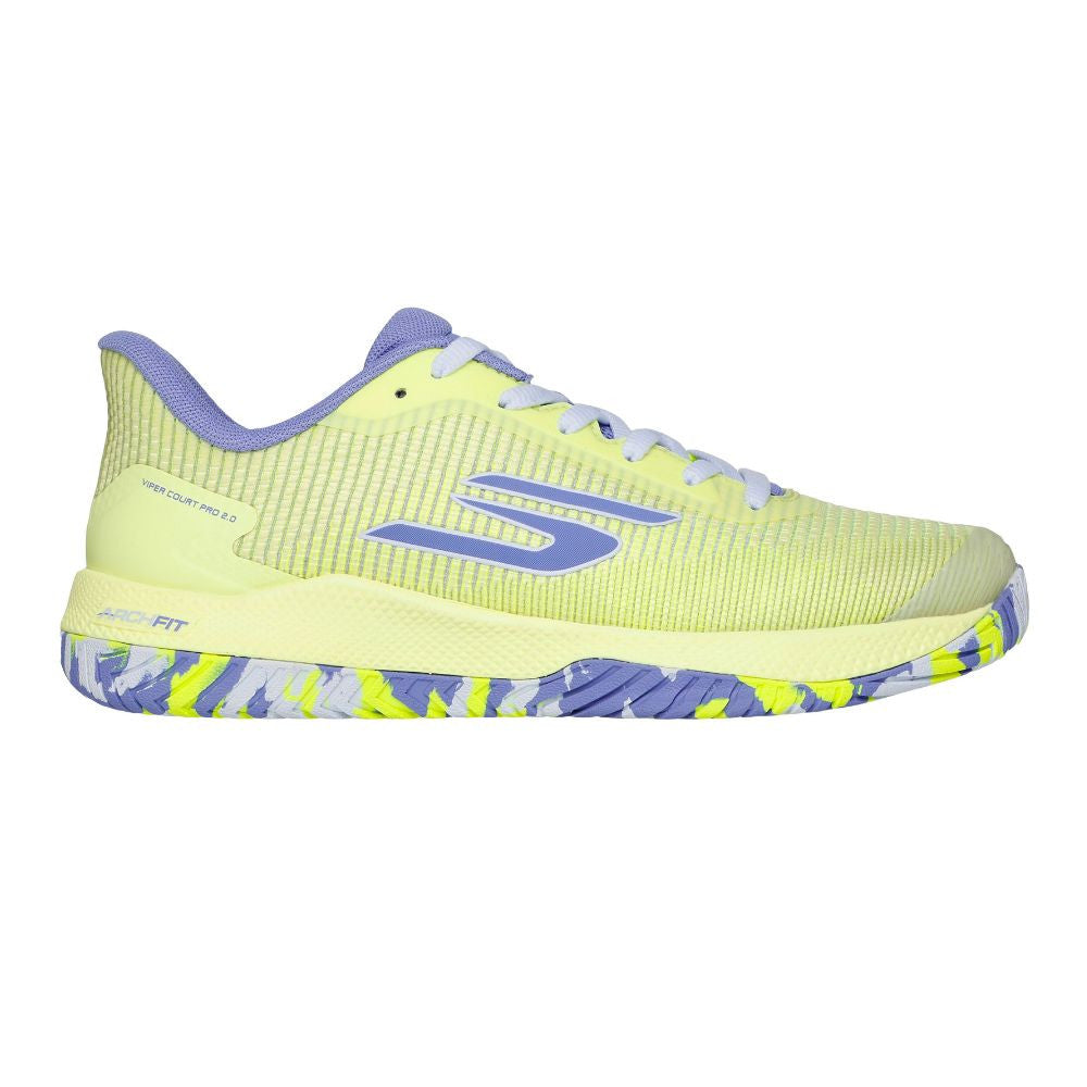 Side view on white background of Womens Skechers Viper Court Pro 2.0 running shoe in Lime/Lavender, Medium (Regular) width
