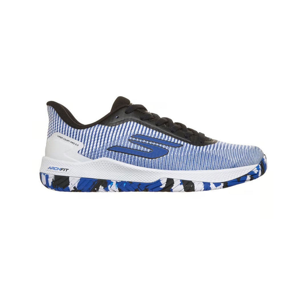 Side view on white background of Womens Skechers Viper Court Pro 2.0 running shoe in White/Blue/Black, Medium (Regular) width