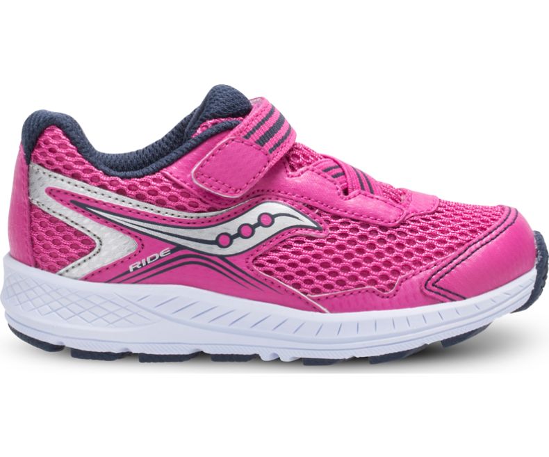Side view on white background of Toddler Saucony Ride 10 Jr running shoe in Pink/Silver, Medium (Regular) width