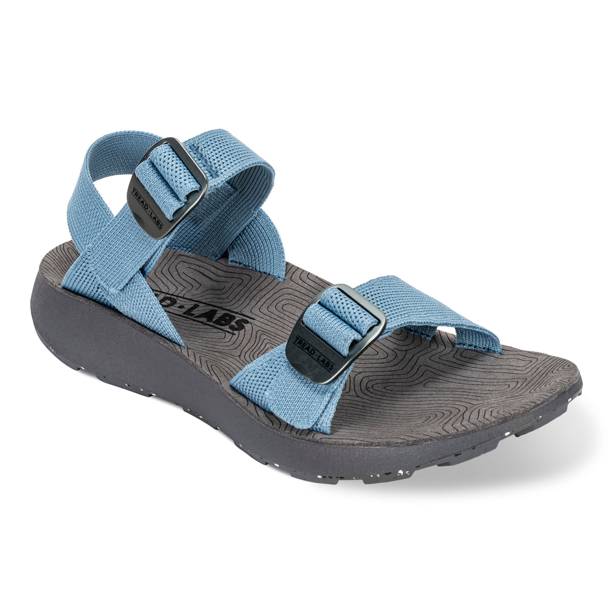 Women's Tread Labs Salinas Slide sandal in Sky blue - three-quarter view showing contoured arch support insole