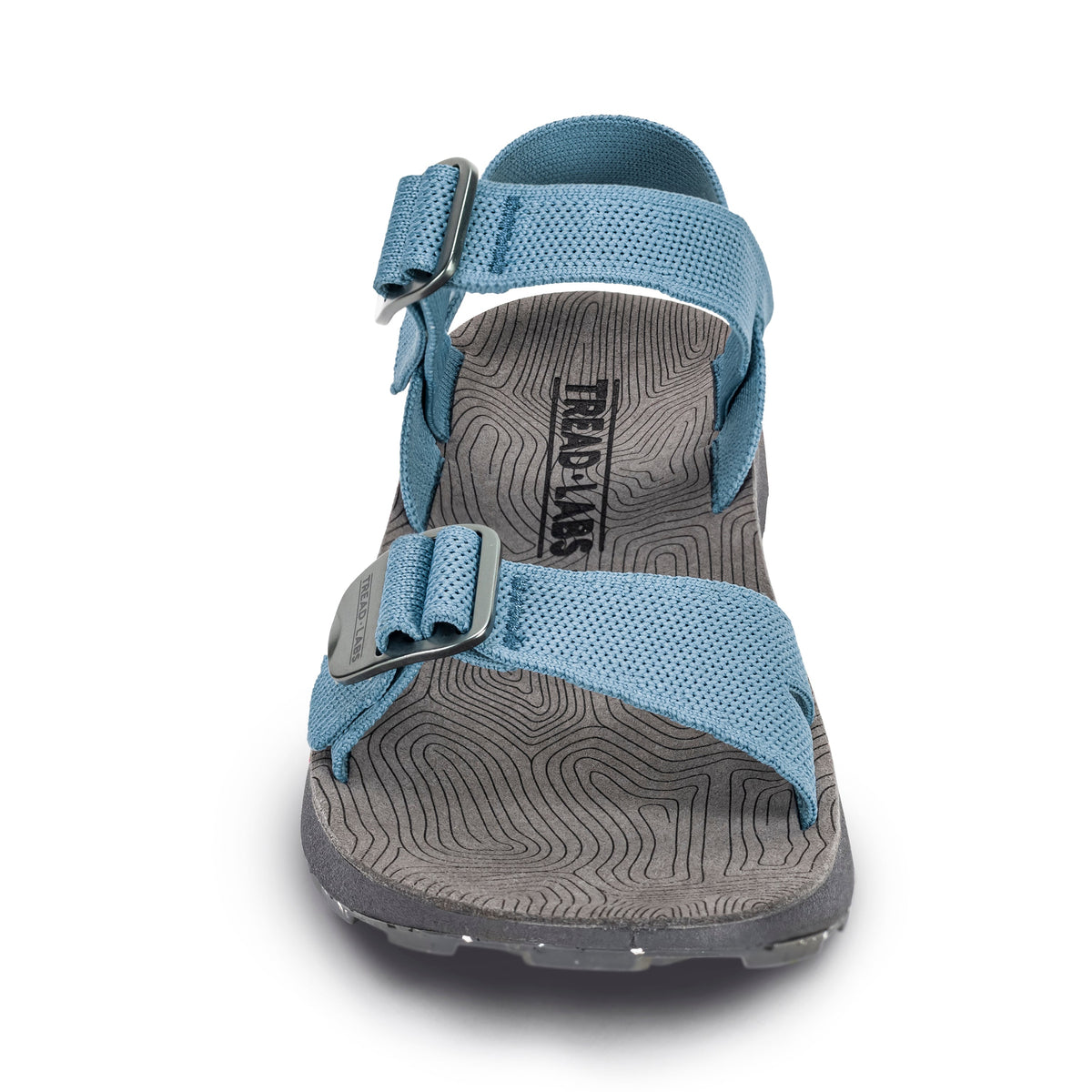 Tread Labs Salinas Slide women's sandal in Sky blue - side profile view showing adjustable buckle straps and cushioned arch support footbed