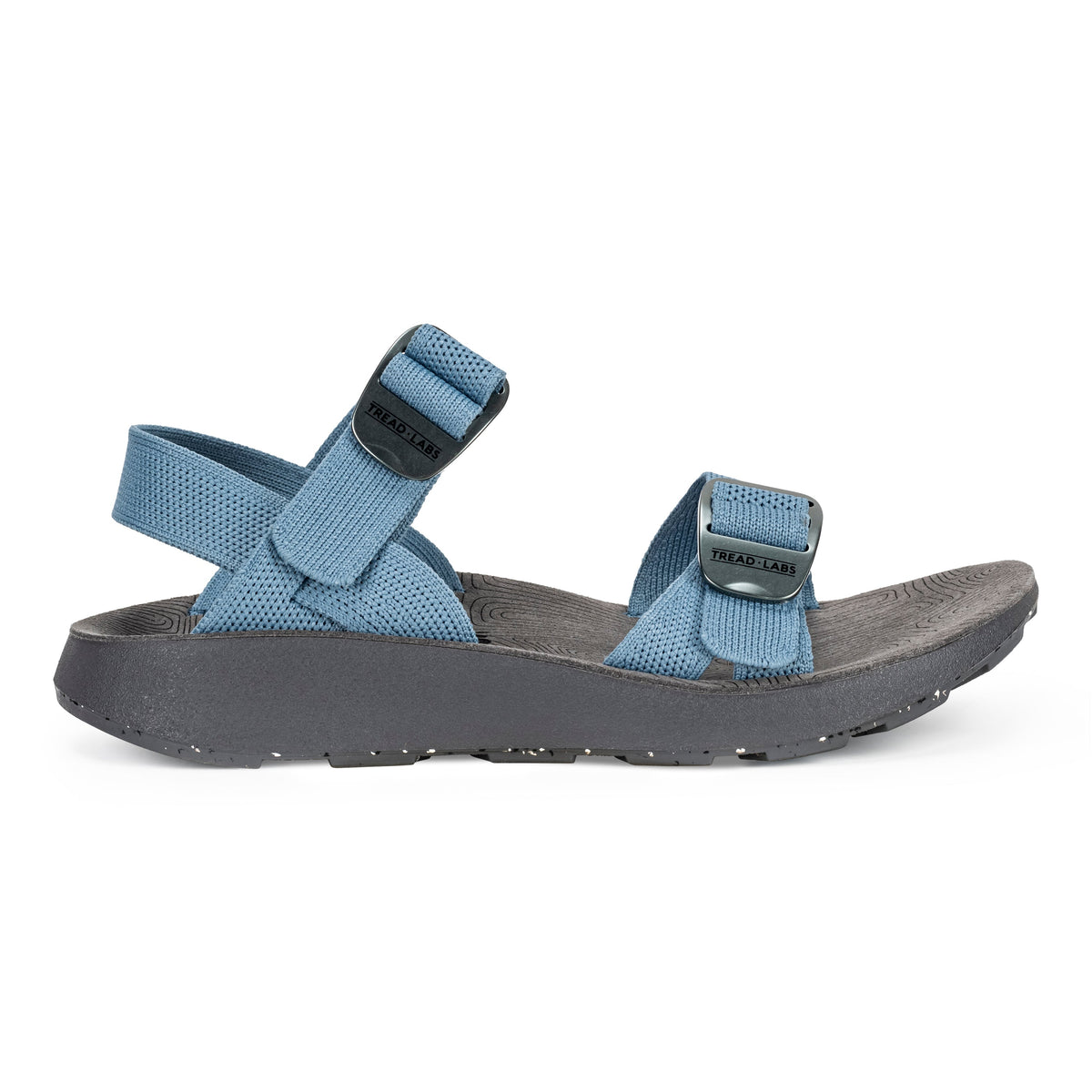 Front close-up of Tread Labs Salinas Slide sandal in Sky blue highlighting adjustable metal buckle straps
