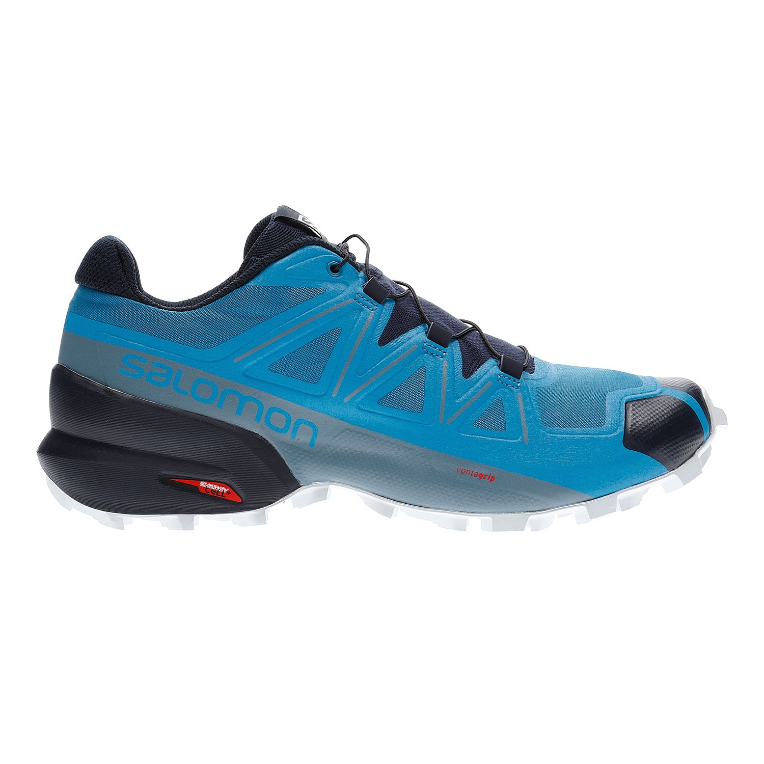 Side view on white background of Mens Salomon Speedcross 5 running shoe in Fjord Blue/Navy Blazer/Illusion Blue, Medium (Regular) width