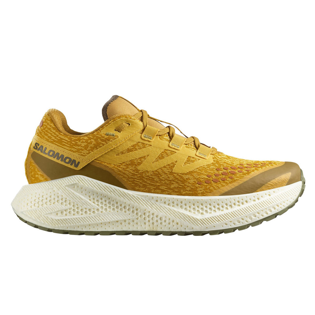 Side view on white background of Mens Salomon Aero Glide 3 GRVL running shoe in Spicy Mustard/Vanilla Ice/Deep Lichen Green, Medium (Regular) width