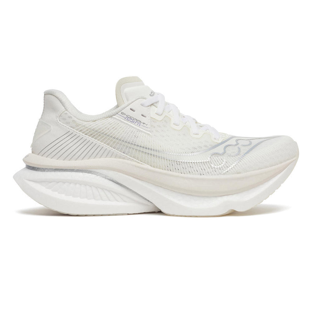 Side view on white background of Womens Saucony Endorphin Azura running shoe in Ivory/White, Medium (Regular) width