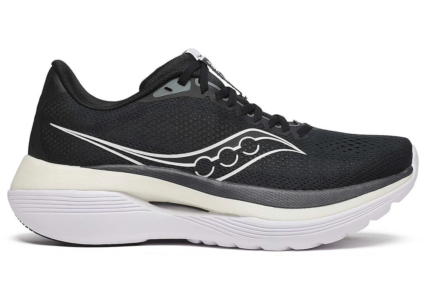 Side view on white background of Mens Saucony Endorphin Trainer running shoe in Black/White, Medium (Regular) width