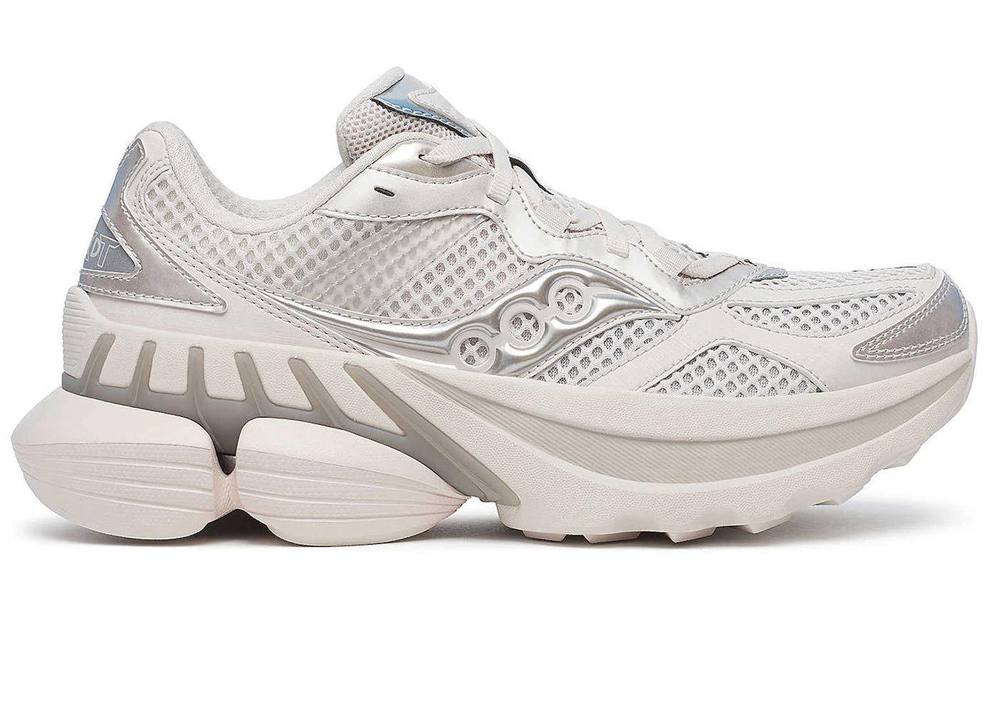 Side view on white background of Mens Saucony Grid NXT running shoe in Moon, Medium (Regular) width