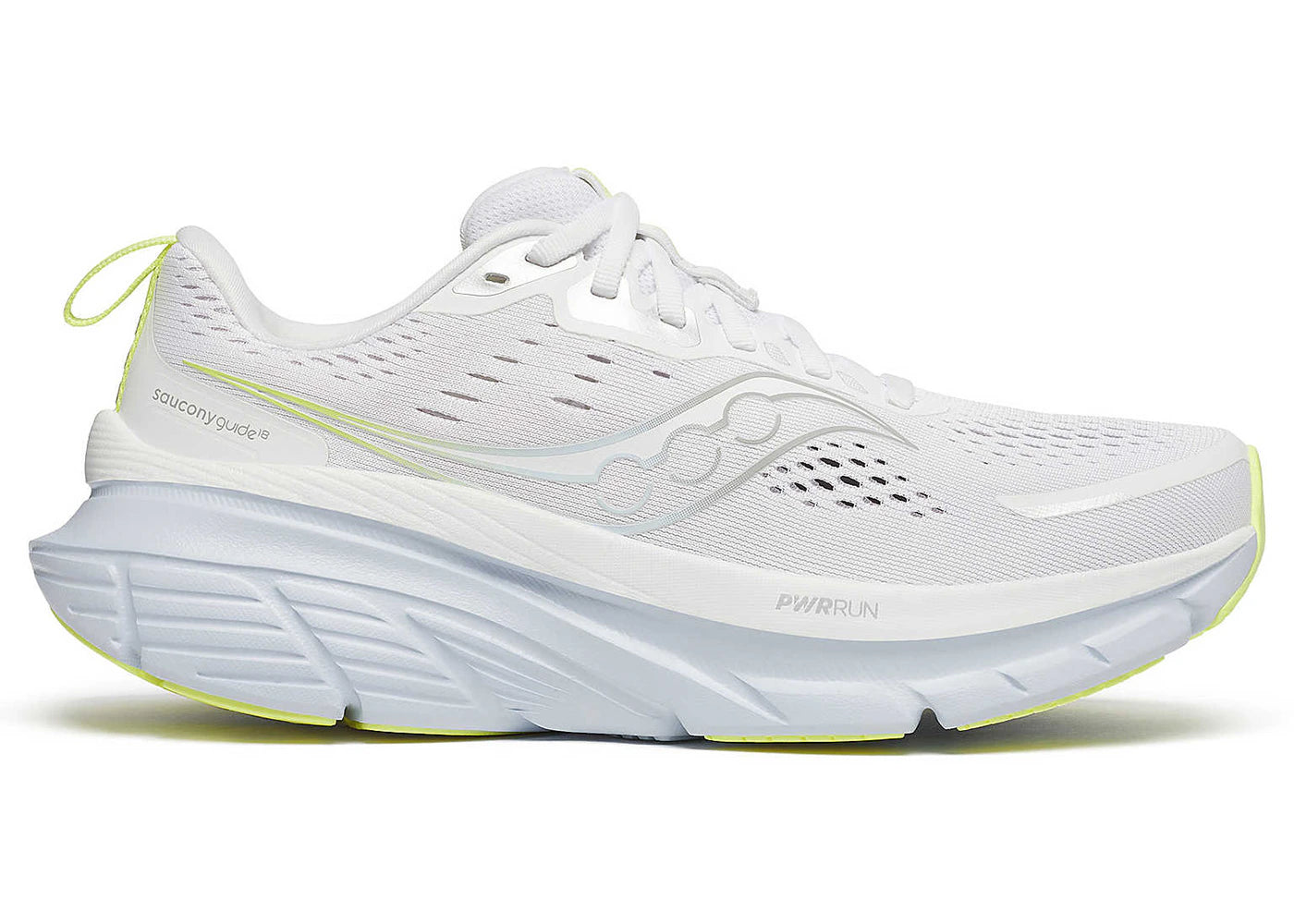 Side view on white background of Womens Saucony Guide 18 running shoe in White/Ice Melt, Wide width