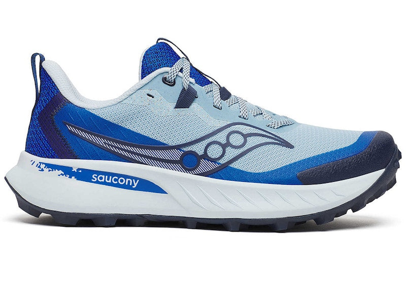 Side view on white background of Womens Saucony Peregrine 15 running shoe in Dream/Skydiver, Medium (Regular) width