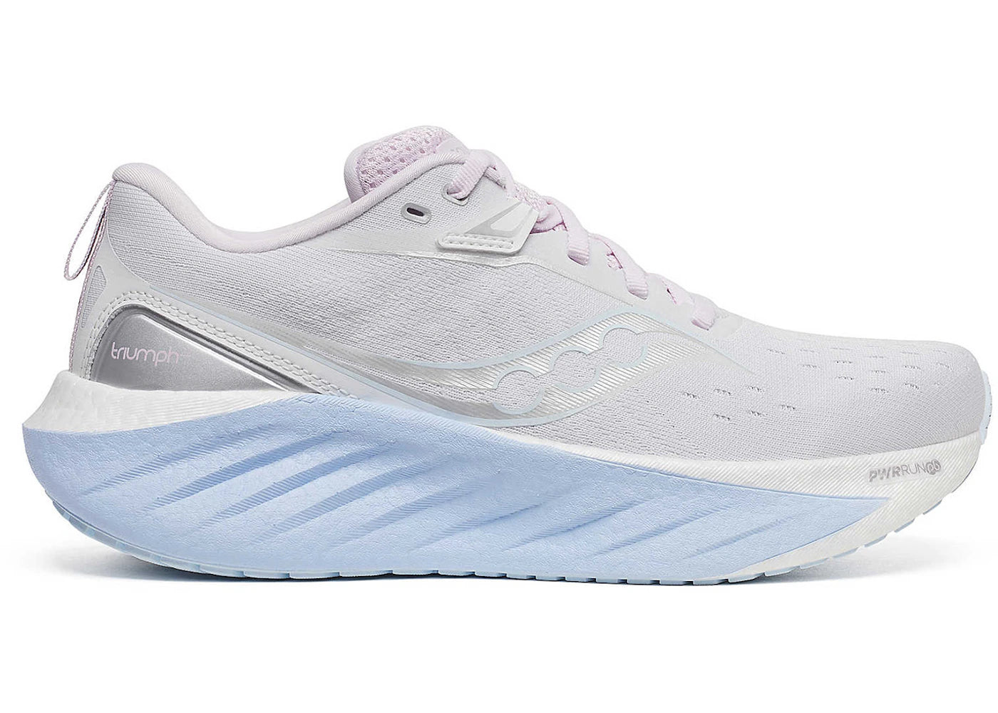 Side view on white background of Womens Saucony Triumph 22 running shoe in White/Ice Melt, Medium (Regular) width