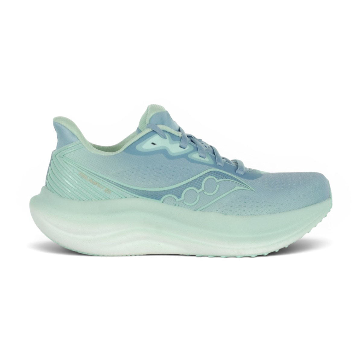Side view on white background of Womens Saucony Triumph 23 running shoe in Celestial/Calm, Medium (Regular) width