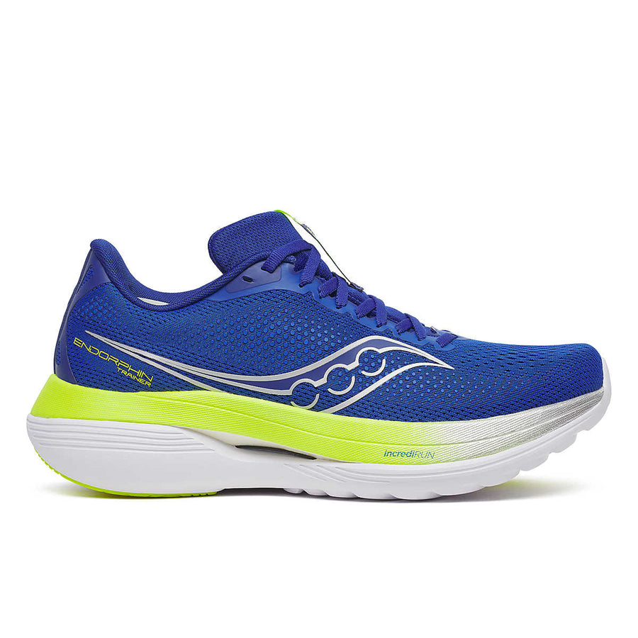 Side view on white background of Mens Saucony Endorphin Trainer running shoe in Lapis/Citron, Medium (Regular) width