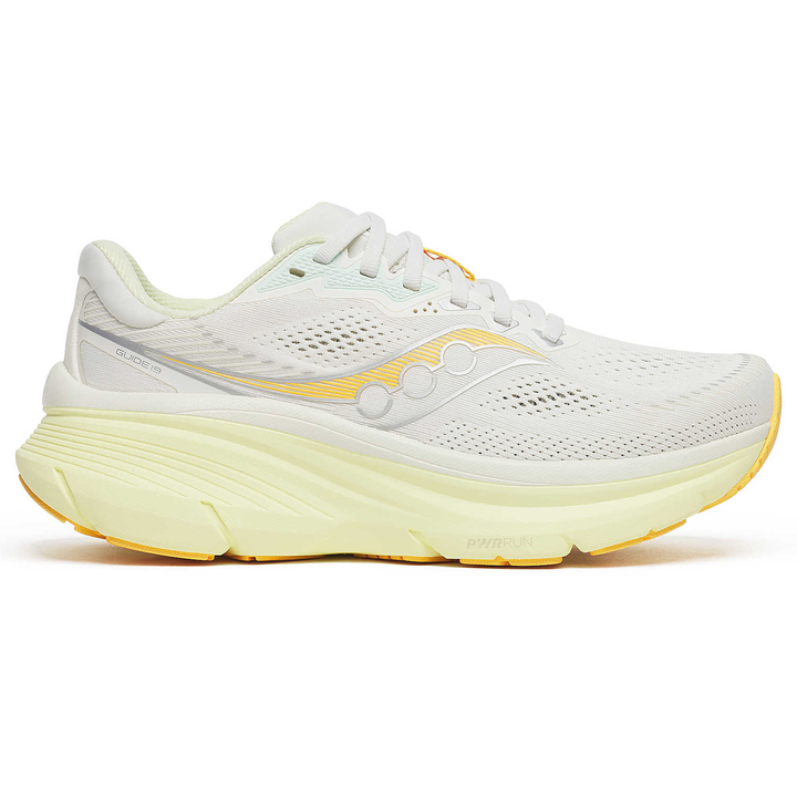 Side view on white background of Womens Saucony Guide 19 running shoe in Ivory/Tender, Medium (Regular) width