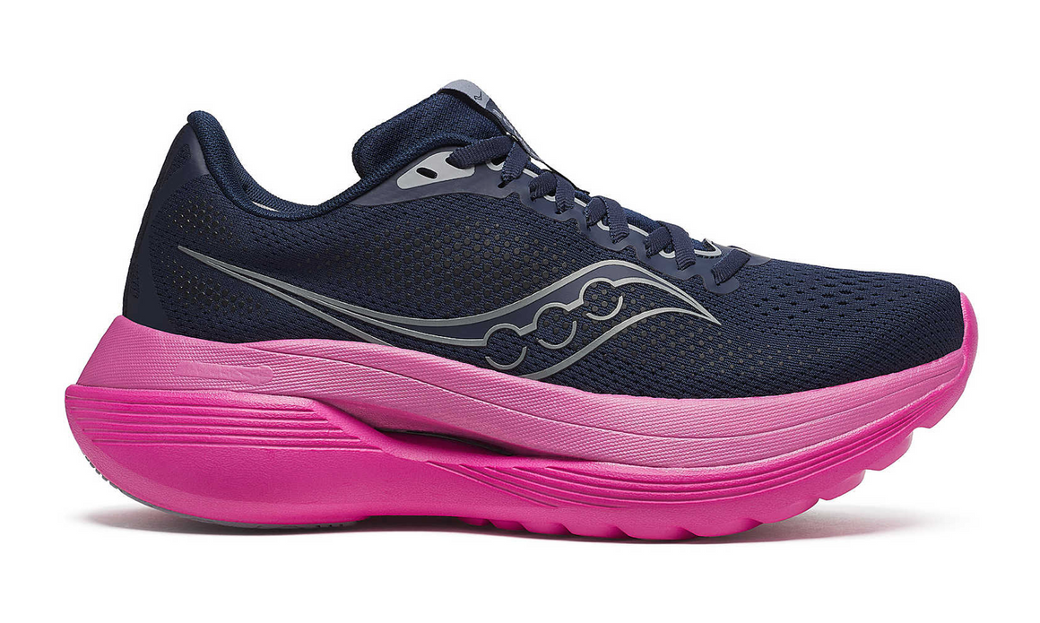 Side view on white background of Womens Saucony Endorphin Trainer running shoe in Navy/Fuchsia, Medium (Regular) width