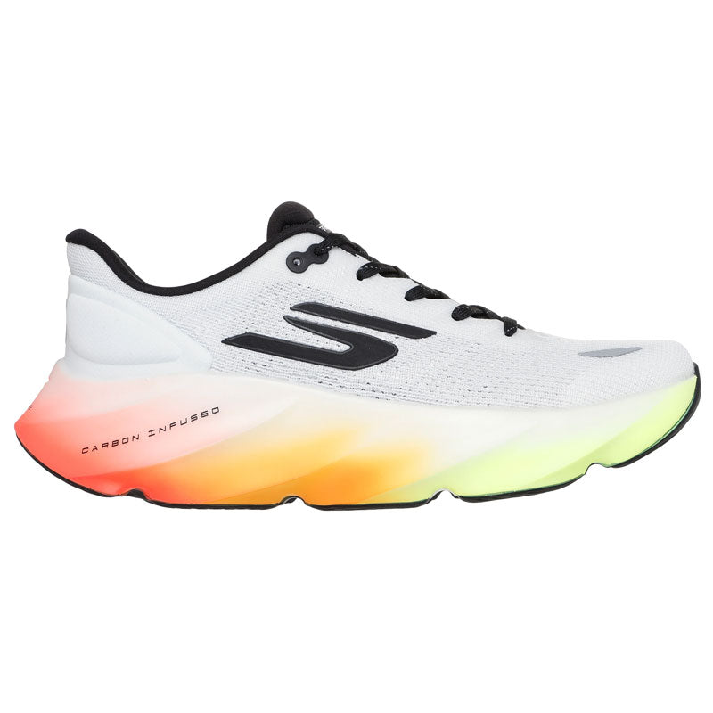 Side view on white background of Mens Skechers Aero Burst running shoe in White/Black/Multi, Medium (Regular) width