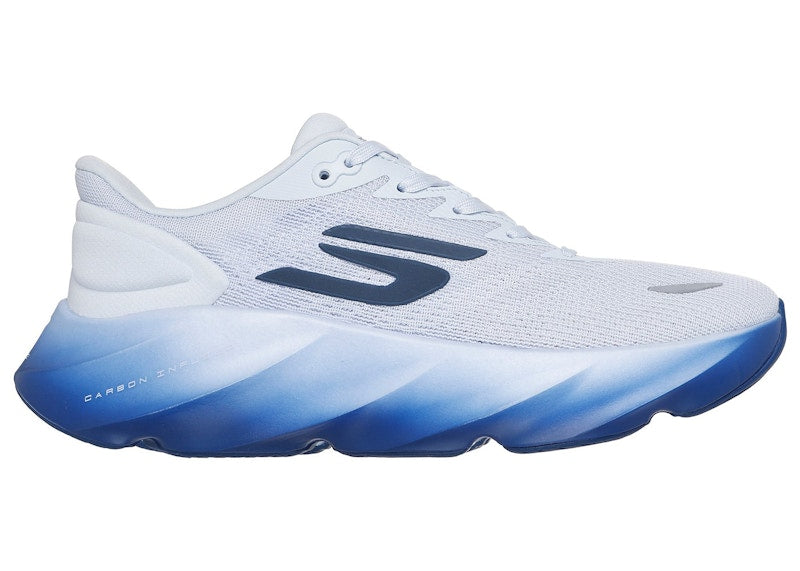 Side view on white background of Mens Skechers Aero Burst running shoe in Light Blue/Blue, Medium (Regular) width