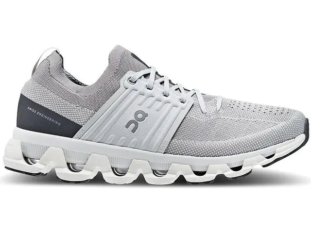 Side view on white background of Mens On Cloudswift 3 running shoe in Alloy/Glacier, Medium (Regular) width