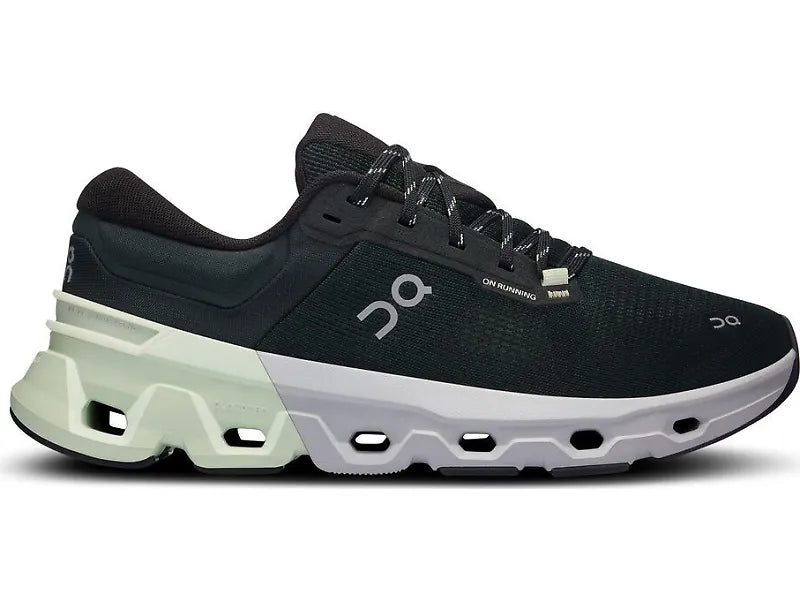 Side view on white background of Mens On Cloudflyer 5 running shoe in Jungle/Lima, Medium (Regular) width