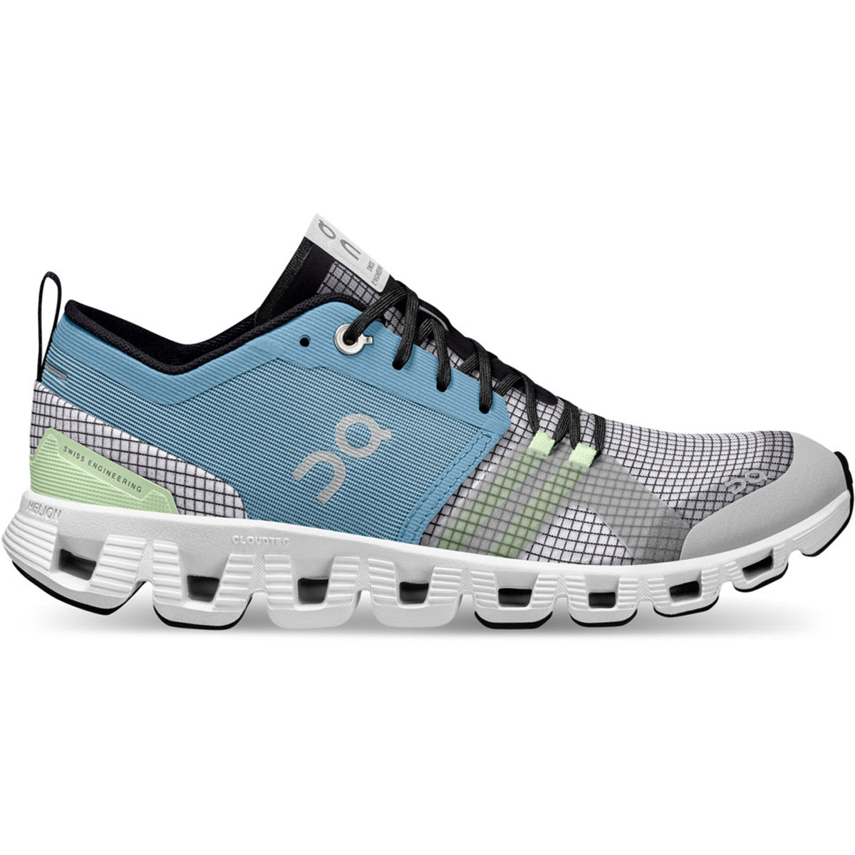 Side view on white background of Womens On Cloud X Shift running shoe in Niagara/White, Medium (Regular) width