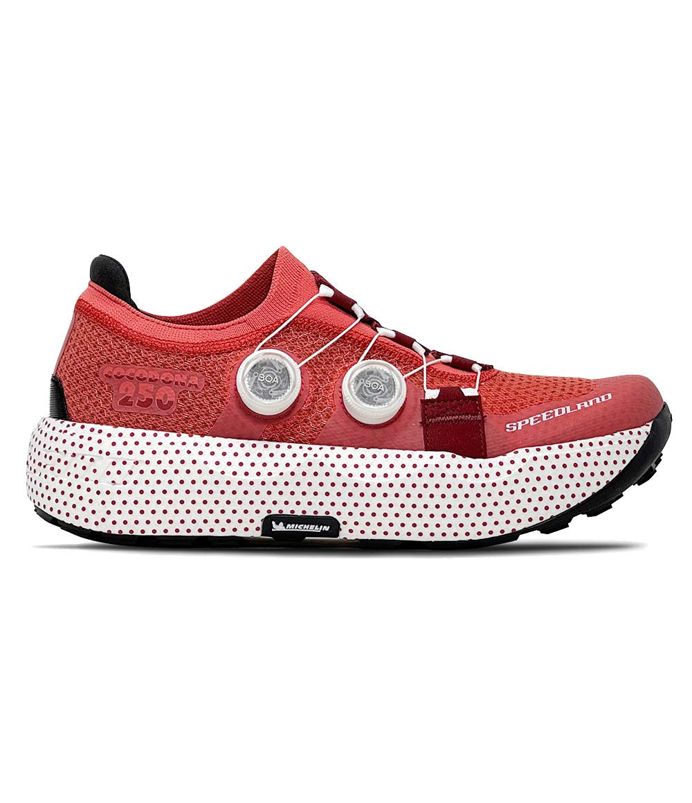 Side view on white background of Unisex Speedland GS:CCD running shoe in Red/White, Medium (Regular) width