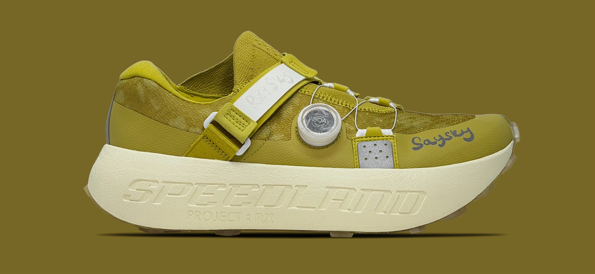 Side view on white background of Unisex Speedland RX:SKY running shoe in Green/Yellow, Medium (Regular) width