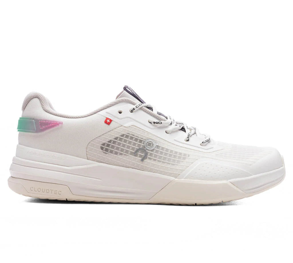 Side view on white background of Womens On The Roger Advantage Z5 running shoe in White/Ivory, Medium (Regular) width