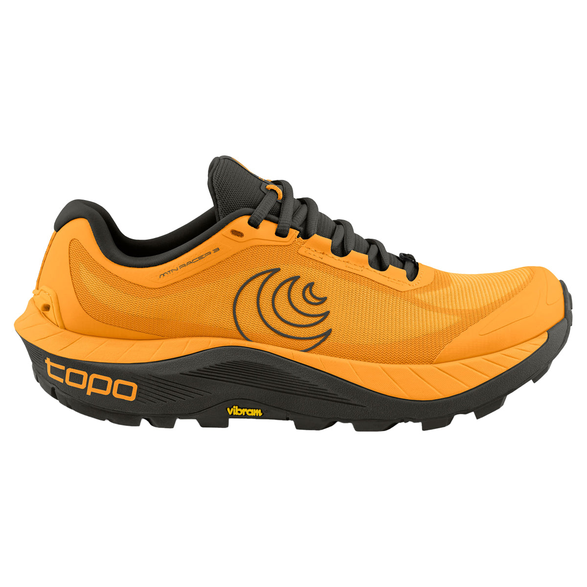 Side view on white background of Mens Topo Athletic MTN Racer 3 running shoe in Mango/Espresso, Medium (Regular) width