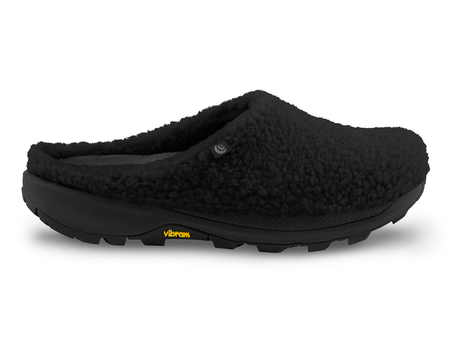 Side view on white background of Womens Topo Athletic Revive running shoe in Black/Black, Medium (Regular) width