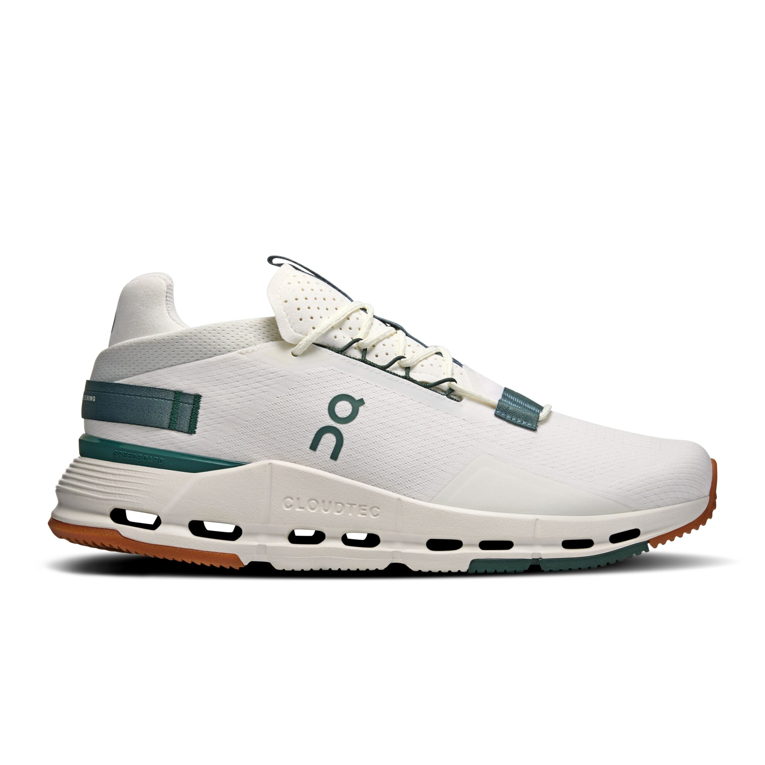Side view on white background of Mens On Cloudnova 2 running shoe in Ivory/Olive, Medium (Regular) width