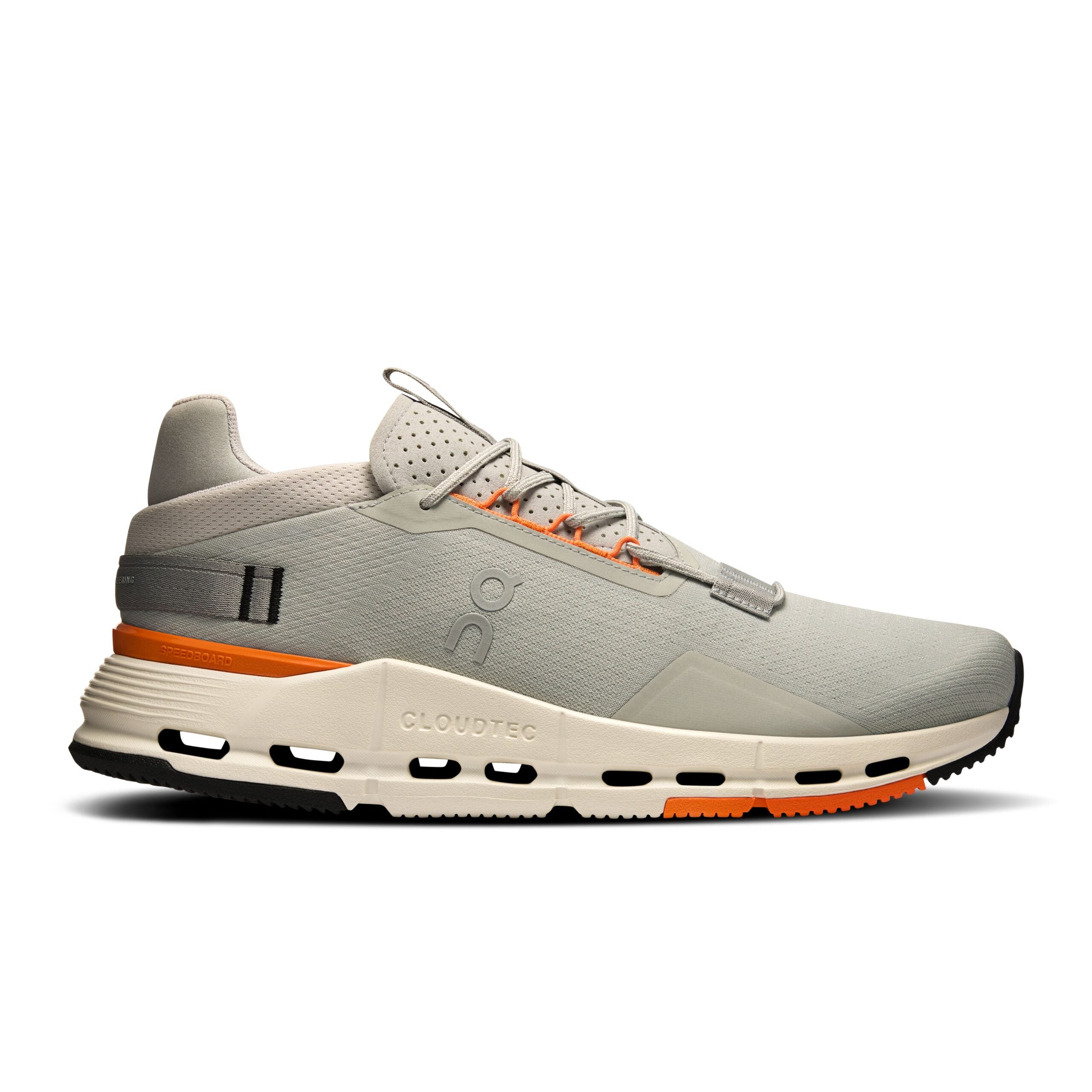 Side view on white background of Mens On Cloudnova 2 running shoe in Glacier/Tumeric, Medium (Regular) width