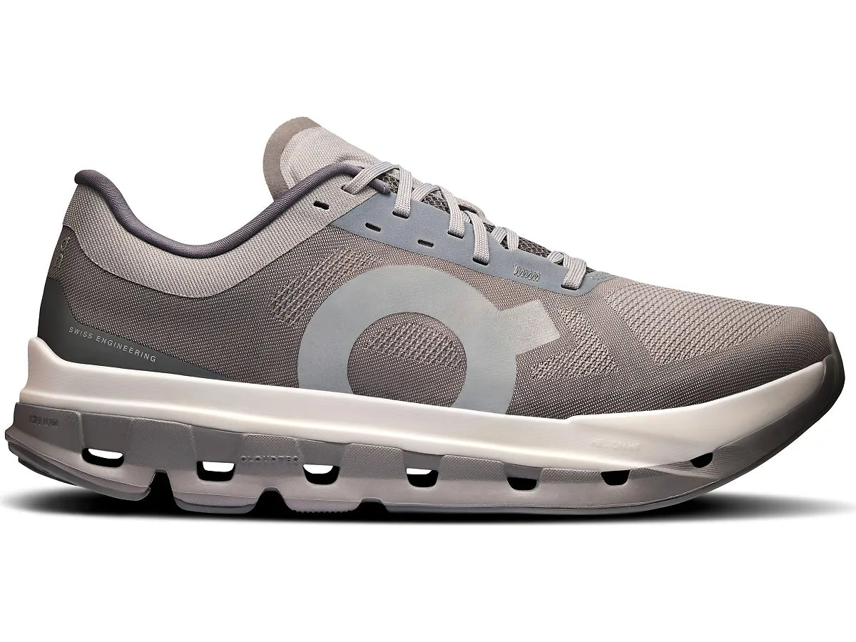 Side view on white background of Mens On Cloudflow 5 running shoe in Alloy/Rock, Medium (Regular) width