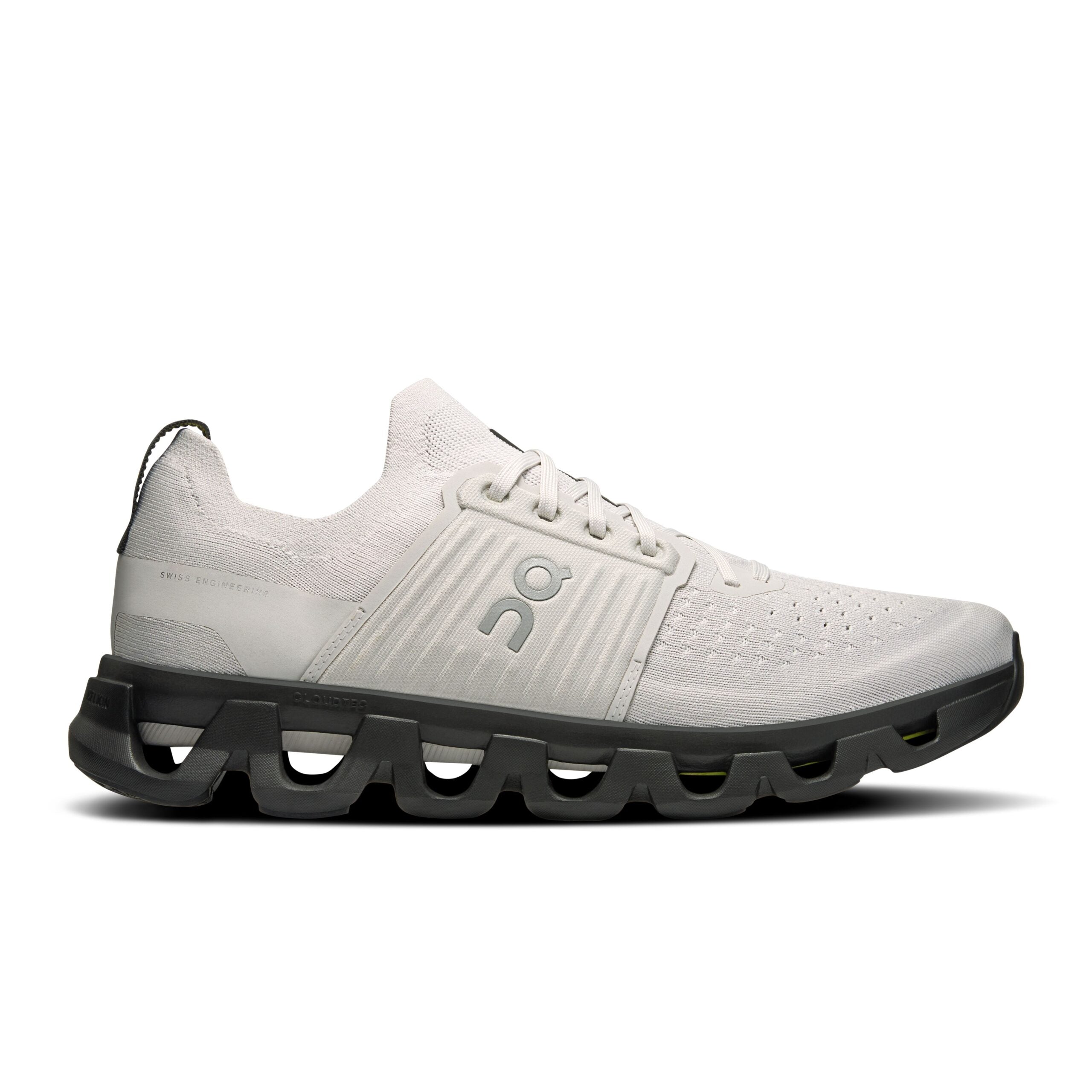 Side view on white background of Mens On Cloudswift 4 running shoe in Wolf/Black, Medium (Regular) width