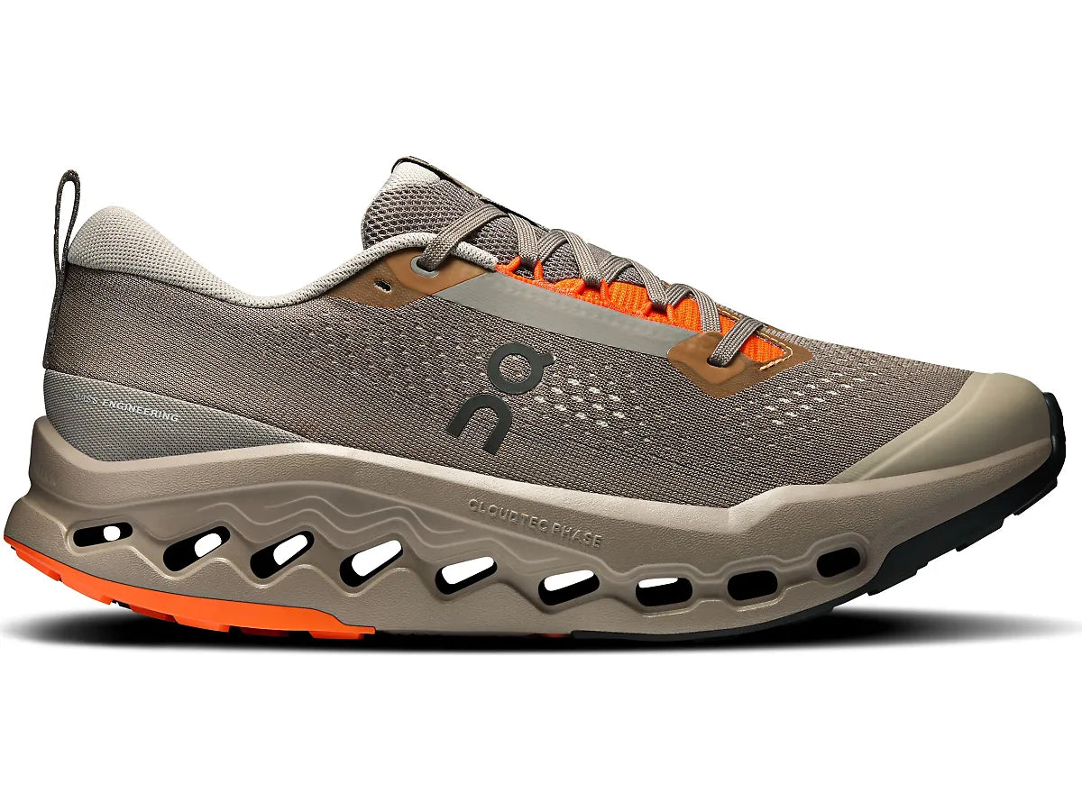 Side view on white background of Mens On Cloudsurfer Trail 2 running shoe in Eclipse/Cinder, Medium (Regular) width