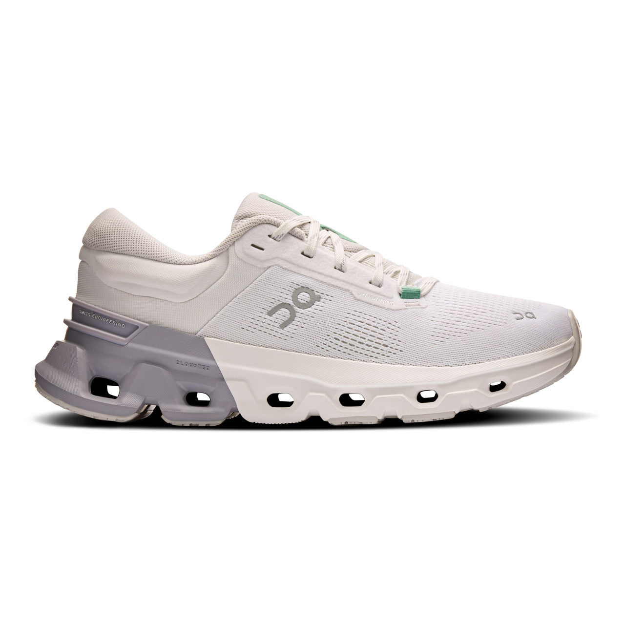 Side view on white background of Womens On Cloudflyer 5 running shoe in White/Lilac, Medium (Regular) width