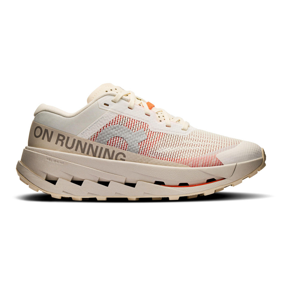 Side view on white background of Womens On Cloudultra 3 running shoe in Ivory/Pearl, Medium (Regular) width