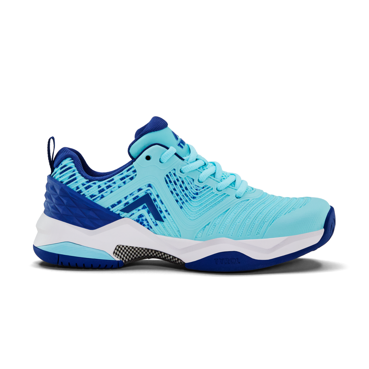 Side view on white background of Womens Tyrol Ace running shoe in Sea Blue/Navy, Medium (Regular) width