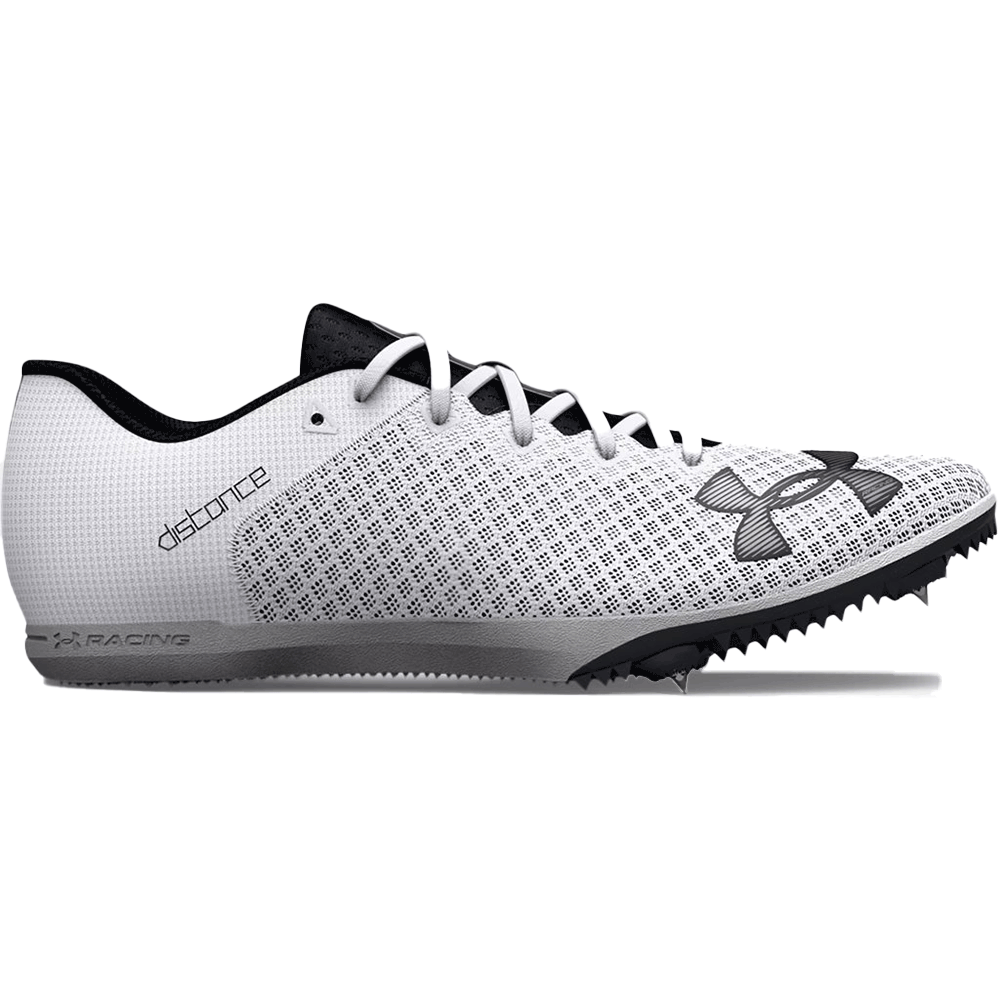 Side view on white background of Womens Under Armour Kick Distance 4 running shoe in White/Black, Medium (Regular) width