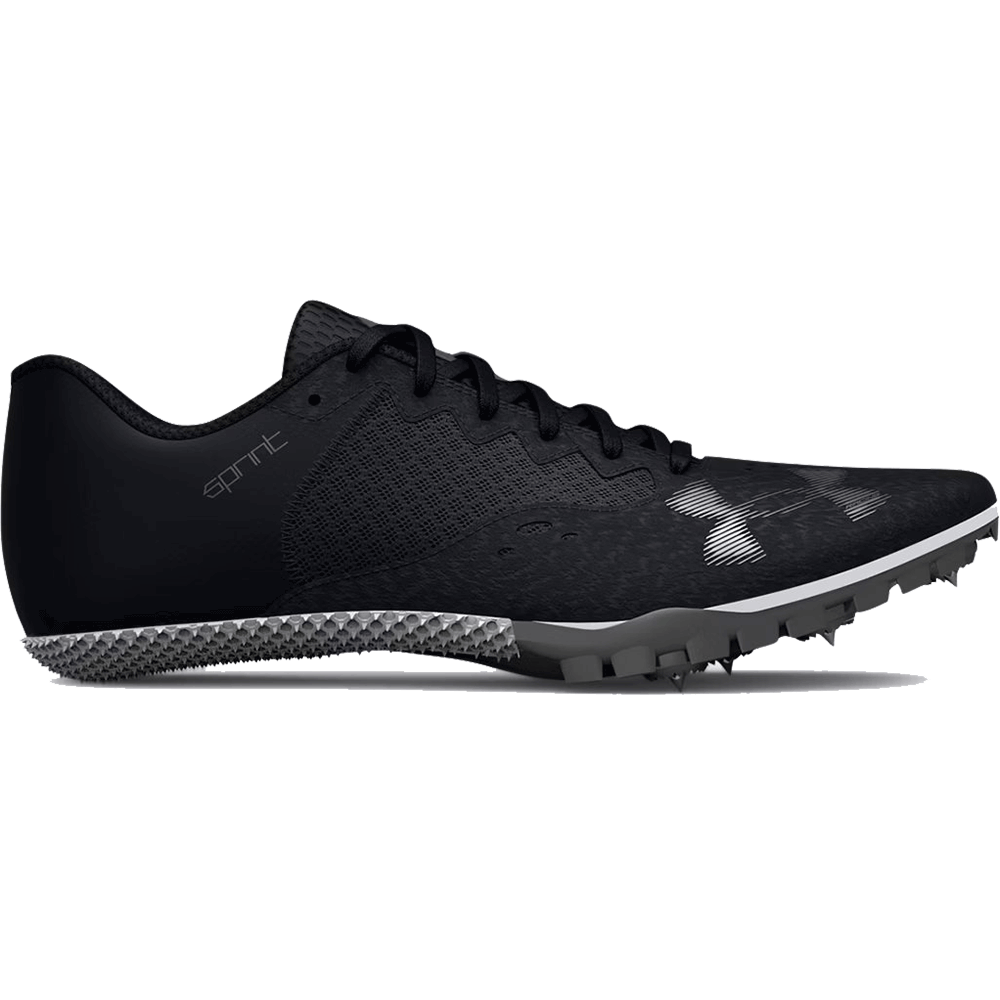 Side view on white background of Mens Under Armour Kick Sprint 4 running shoe in Black/White, Medium (Regular) width