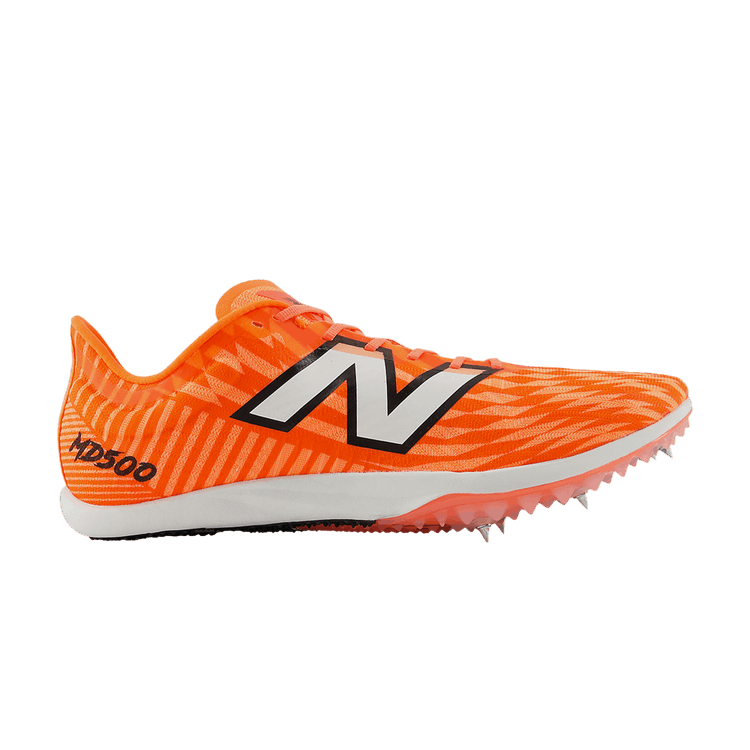Side view on white background of Womens New Balance FuelCell MD500 v9 running shoe in Dragonfly/White, Medium (Regular) width
