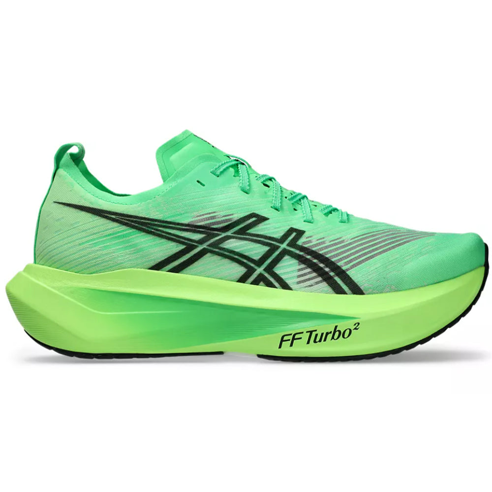 Side view on white background of Womens Asics Megablast running shoe in Vital Green/Black, Medium (Regular) width