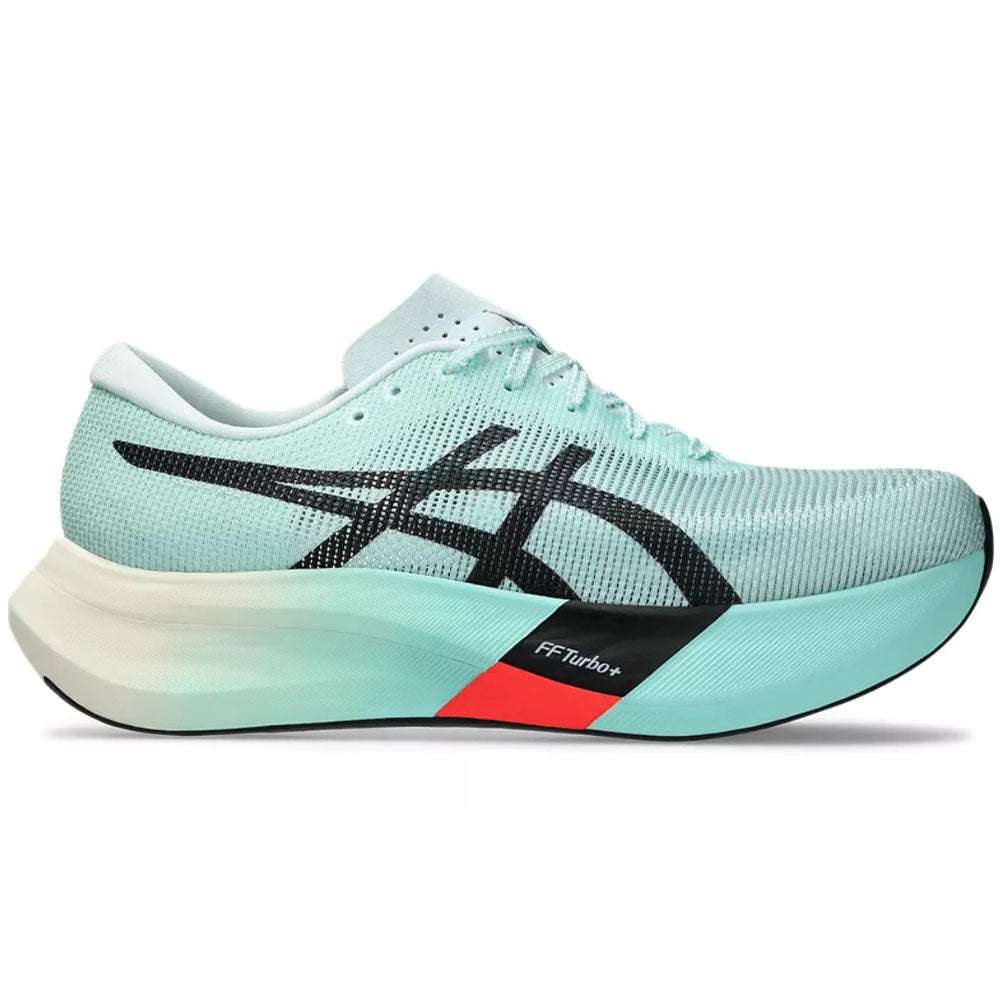 Side view on white background of Womens Asics Metaspeed running shoe in Illuminate Mint/Black, Medium (Regular) width