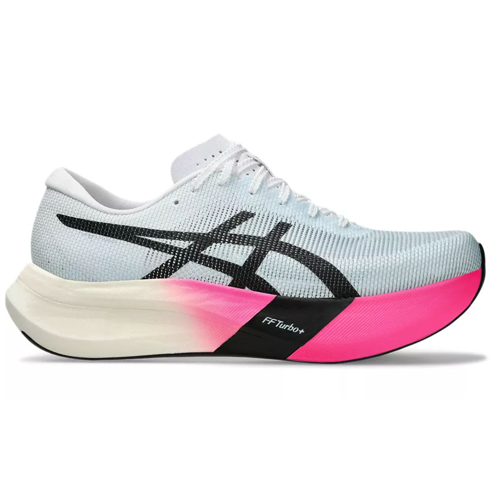 Side view on white background of Mens Asics Metaspeed running shoe in Light Blue/Black, Medium (Regular) width
