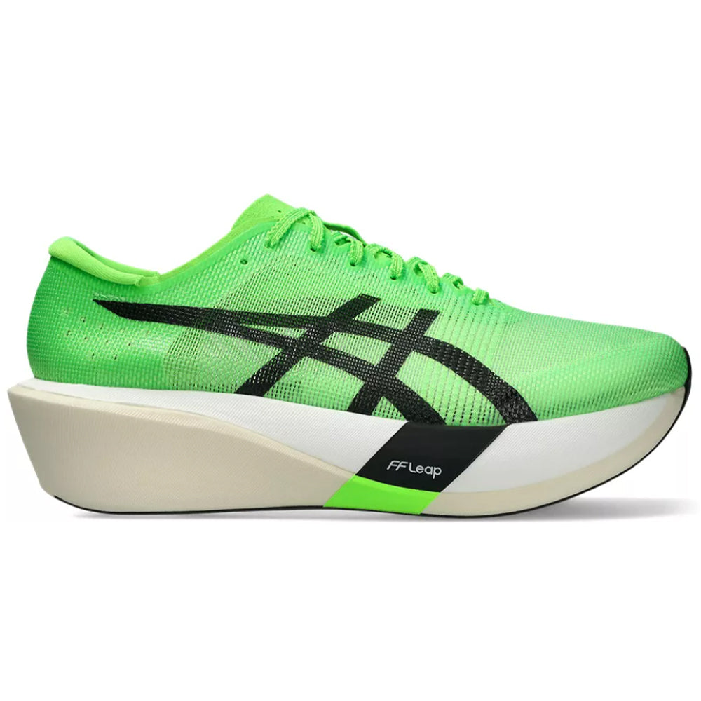 Side view on white background of Mens Asics Metaspeed running shoe in Green Gecko/Black, Medium (Regular) width