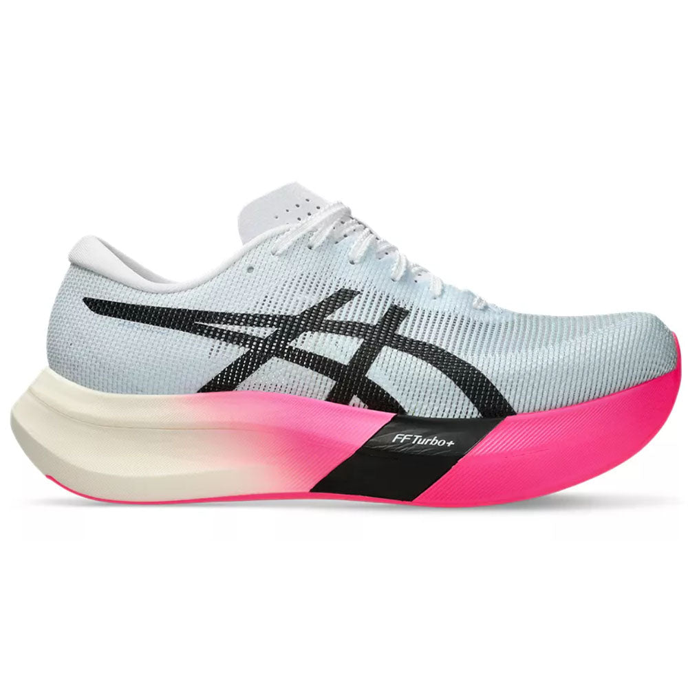 Side view on white background of Mens Asics Metaspeed running shoe in Light Blue/Black, Medium (Regular) width