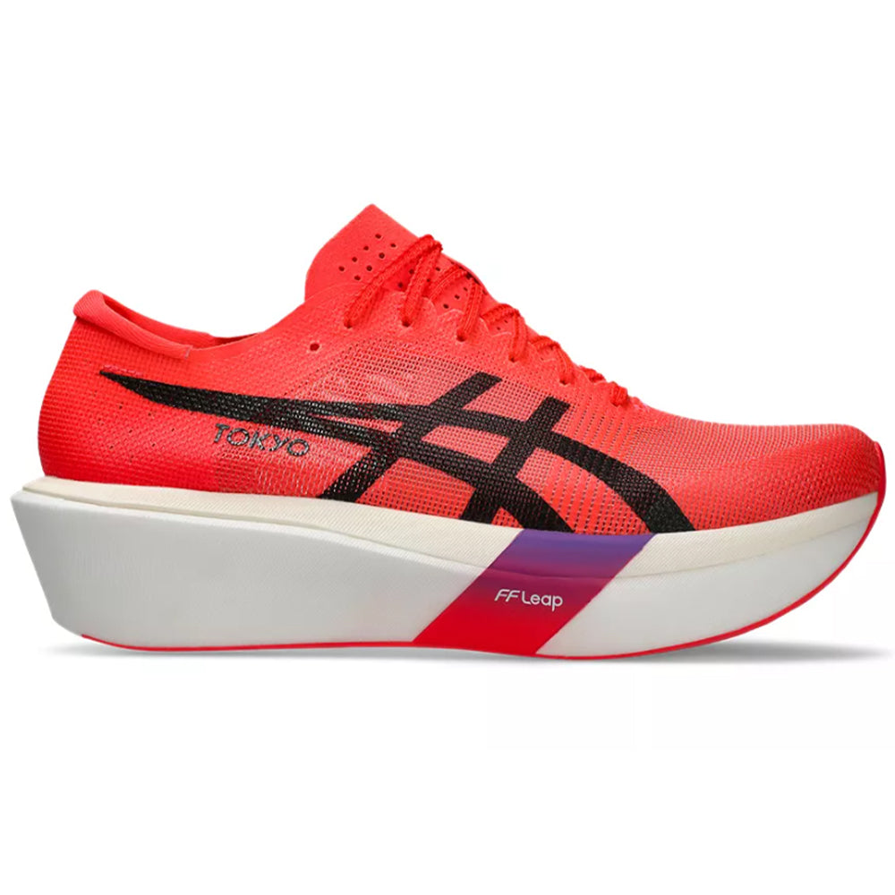 Side view on white background of Mens Asics Metaspeed running shoe in Flash Red/Black, Medium (Regular) width