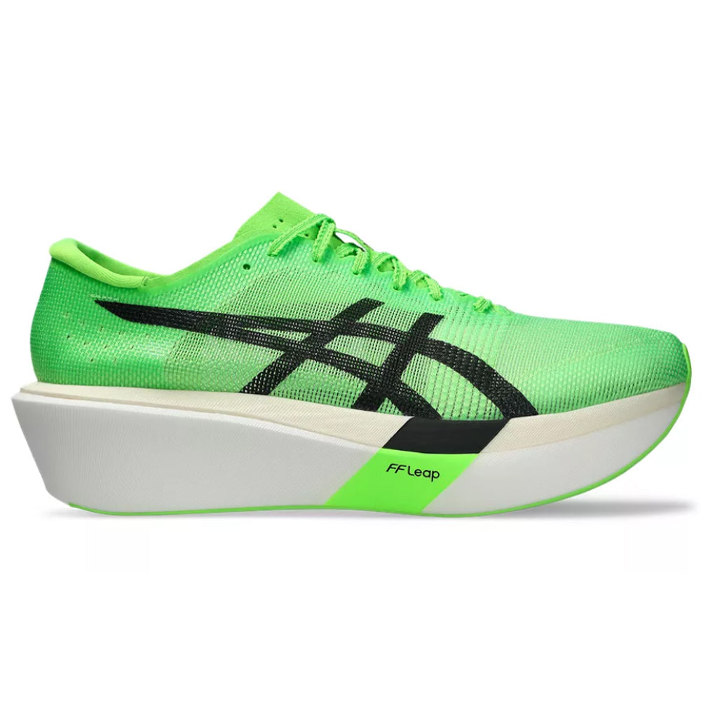 Side view on white background of Mens Asics Metaspeed running shoe in Green Gecko/Black, Medium (Regular) width